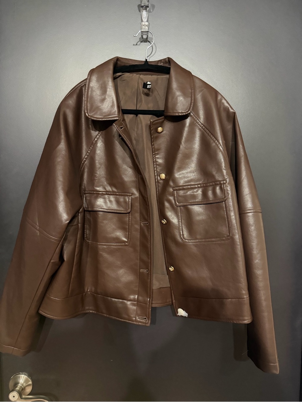 Brown Faux Leather Jacket with Flap Pockets